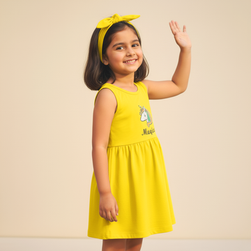 YELLOW WITH HAIR BAND MAGICAL PRINT FROCK FOR GIRLS